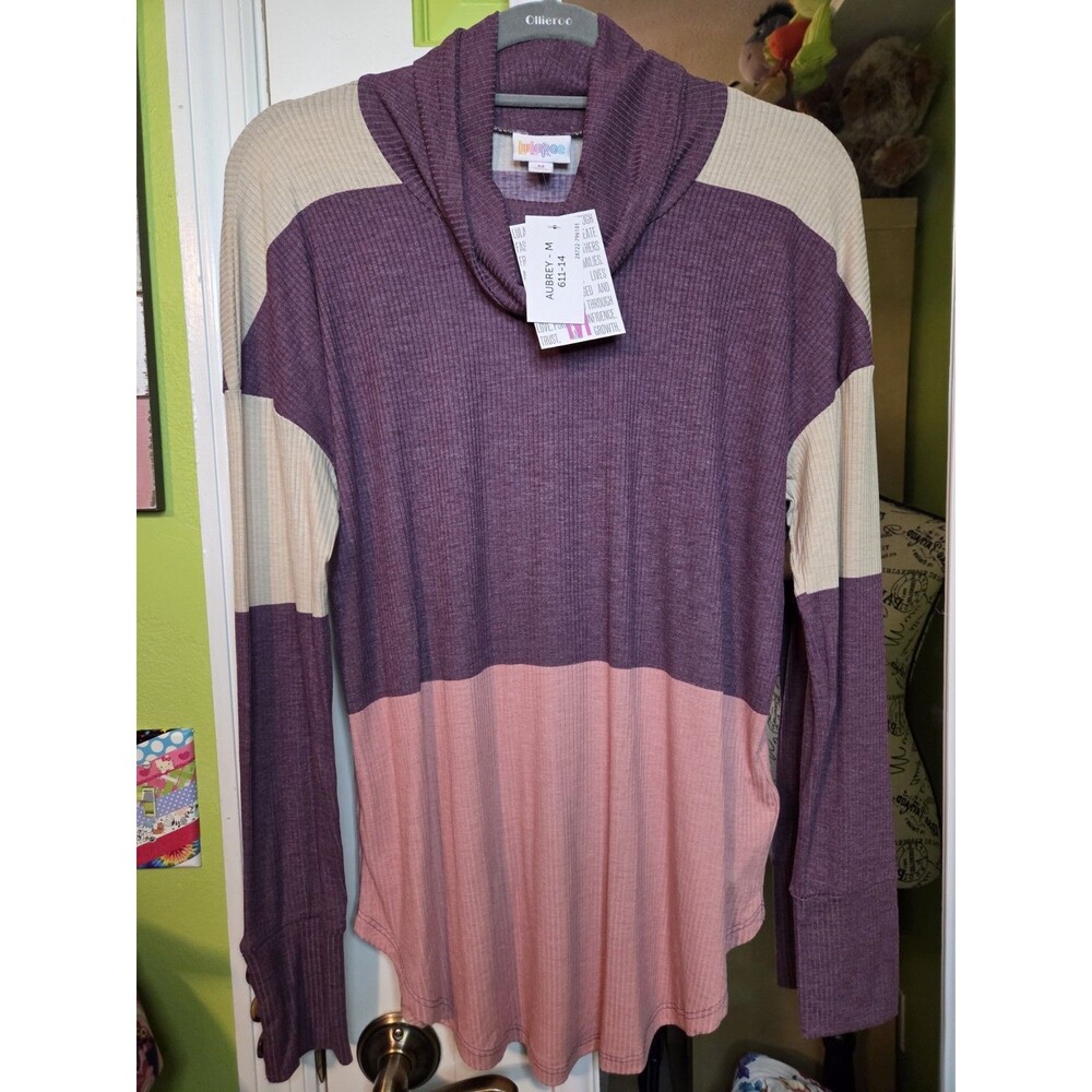 Lularoe Aubrey WIDE STRIPE Womens Shirt Size MED NWT Button‎ Detail on Sleeves